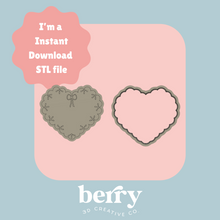 Load image into Gallery viewer, Lace Vintage Heart Cookie Cutter and Stamp stl file