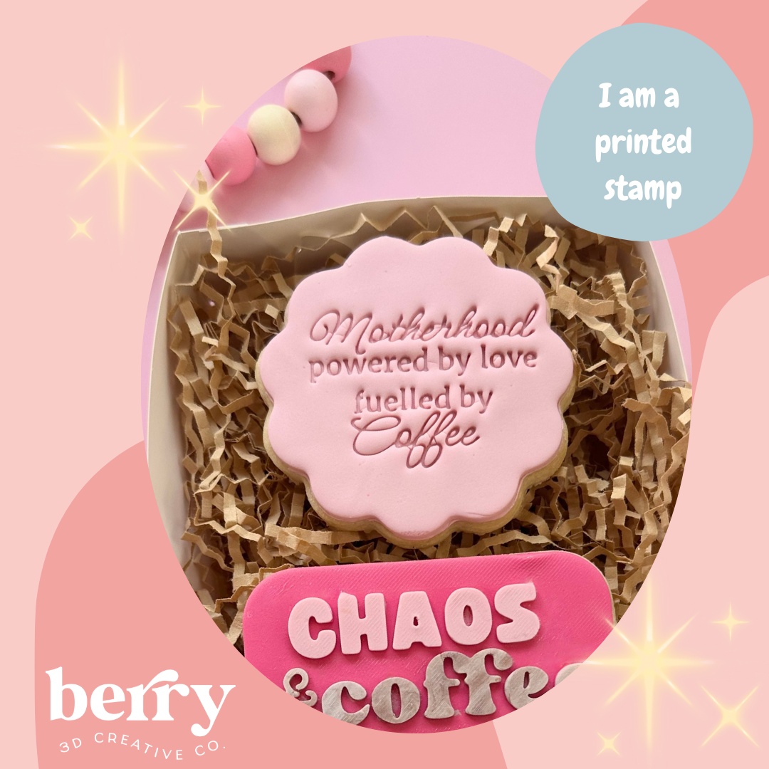 Motherhood powered by love fuelled by Coffee worded Stamp and matching cutter