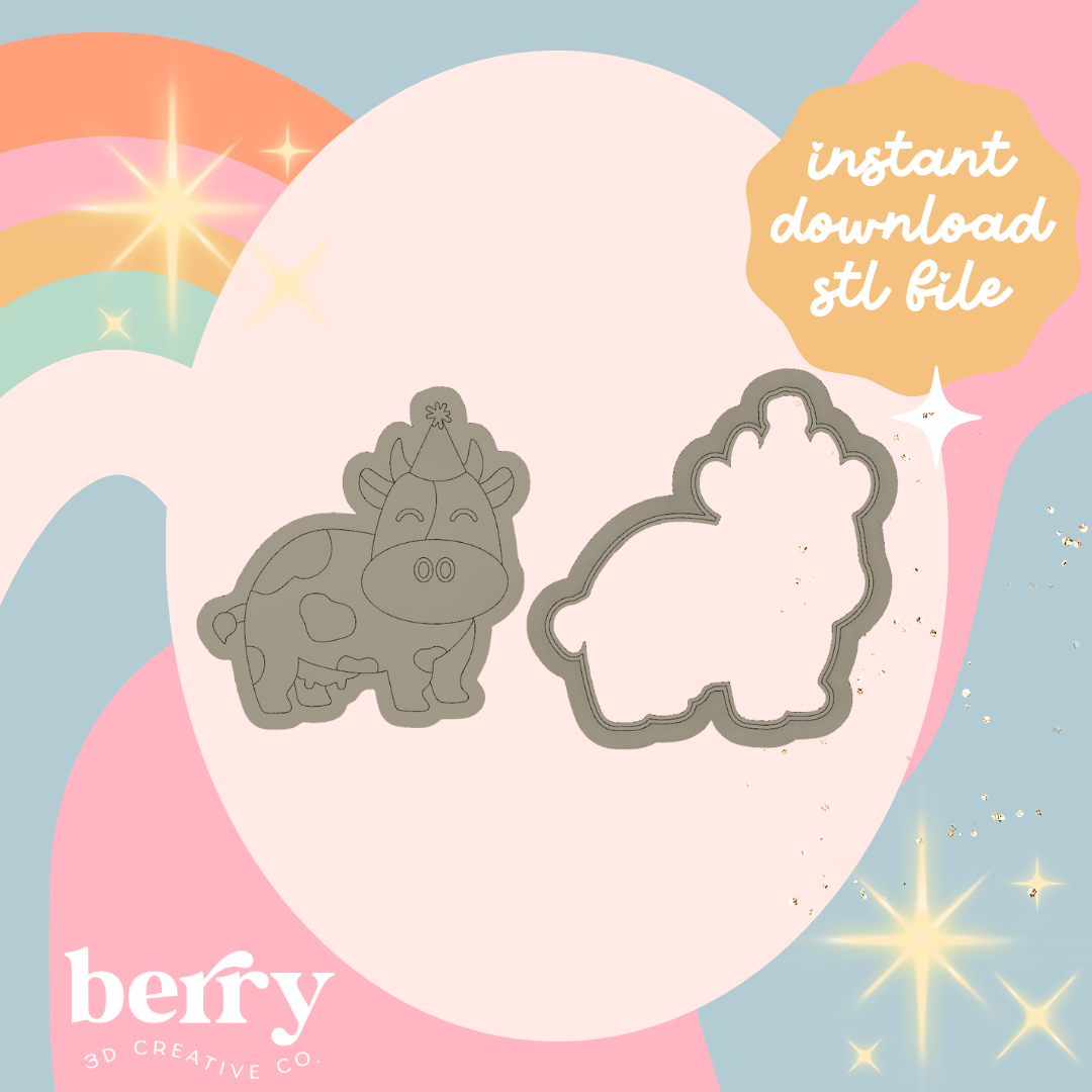 Cow in Birthday hat- Barn Yard collection Stamp and cutter STL file