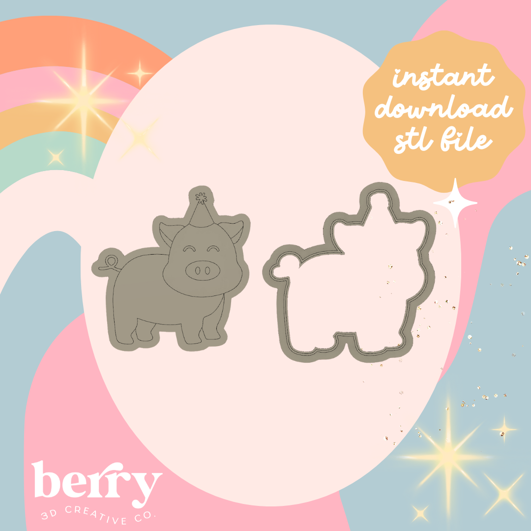 Pig in Birthday hat- Barn Yard collection Stamp and cutter STL file