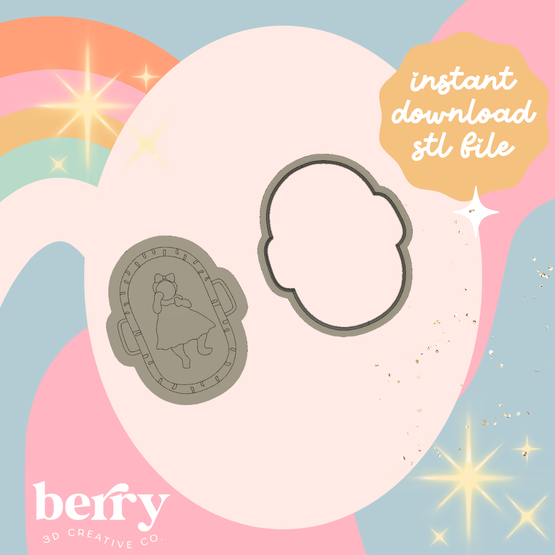 Baby girl in flat lay bassinet cutter and Stamp stl file
