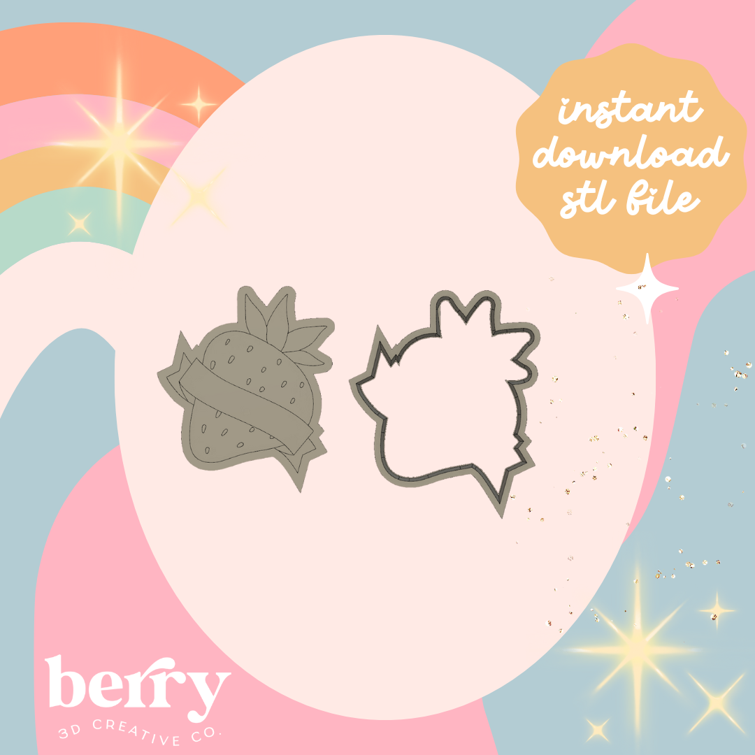 Strawberry with Banner Cookie Cutter and Stamp stl file