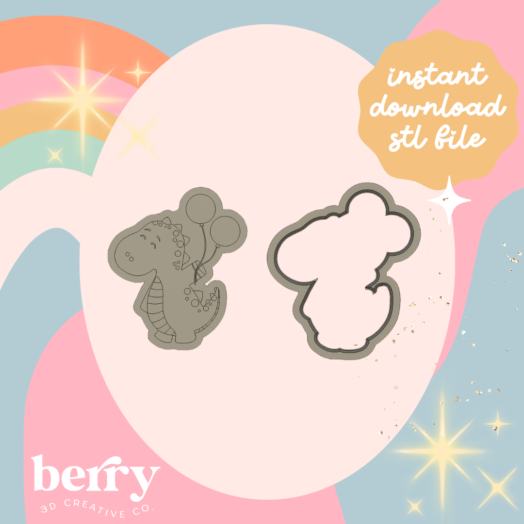 Dinosaur (T-Rex) holding balloons Cutter and Stamp stl file