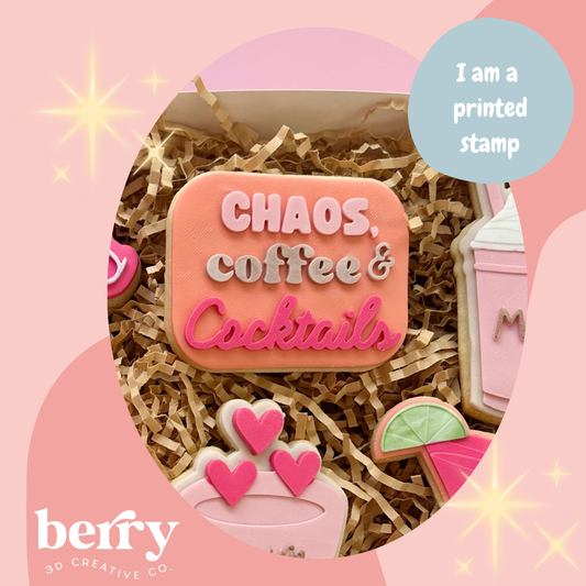 Chaos, Coffee & Cocktails worded Stamp and matching cutter