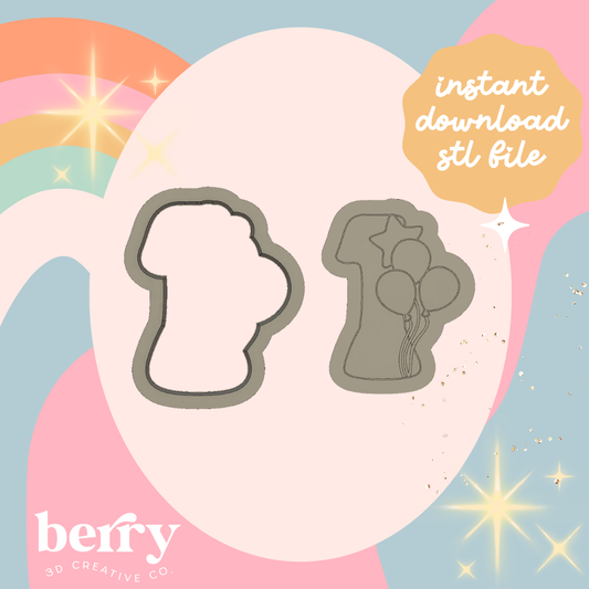 Number 1 with balloons Cookie Cutter and Stamp stl file