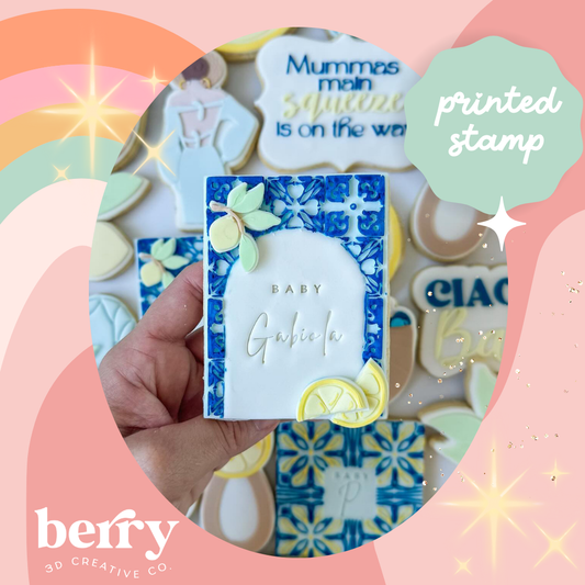 Rectangle Almafi coast inspired print with blank arch debosser stamp and matching cutter