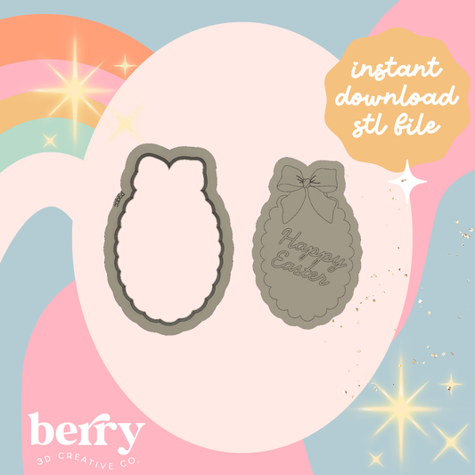 Happy Easter in Scalloped Oval with bow Cookie Cutter and Stamp stl file