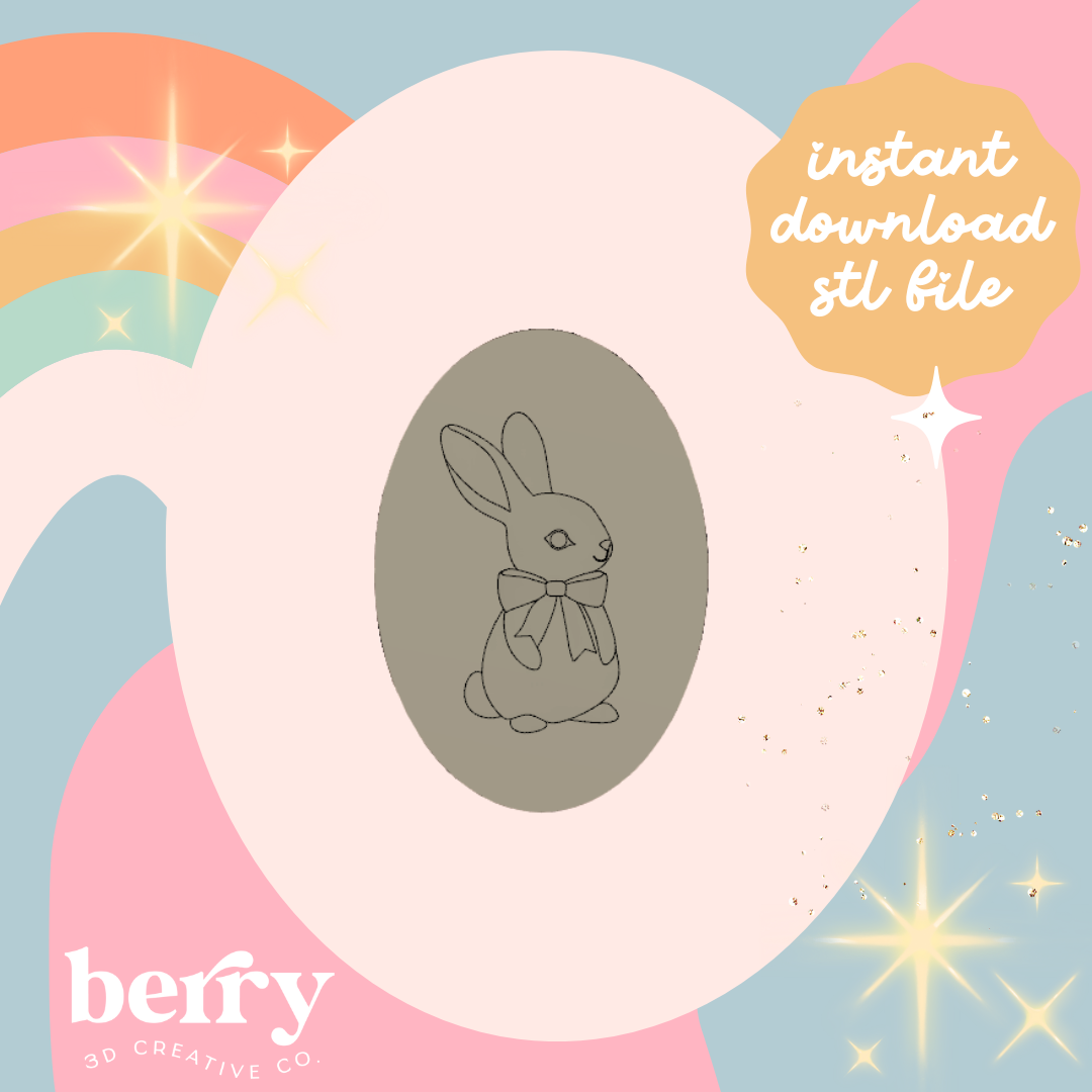 Bunny/Rabbit with bow in Oval Shape Cookie Cutter and Stamp stl file