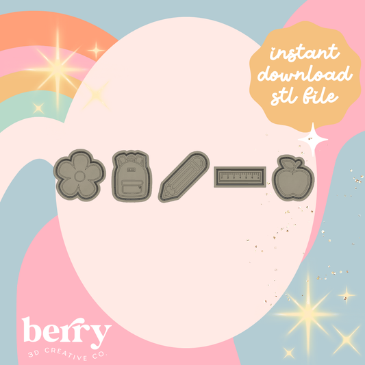 Pack of 5 Teacher stamps, backpack, flower, ruler, apple, pencil Stamp and cutter STL file