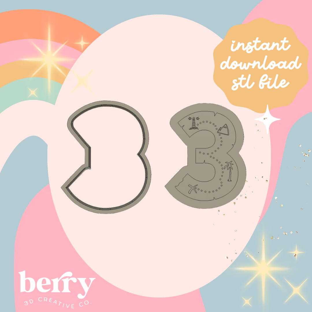 Number 3 with treasure map Cutter and Stamp stl file