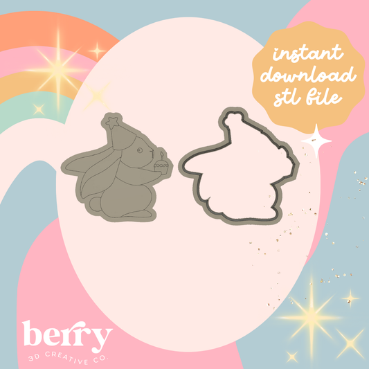 Birthday Bunny wearing party hat and cupcake Cookie Cutter and Stamp stl file