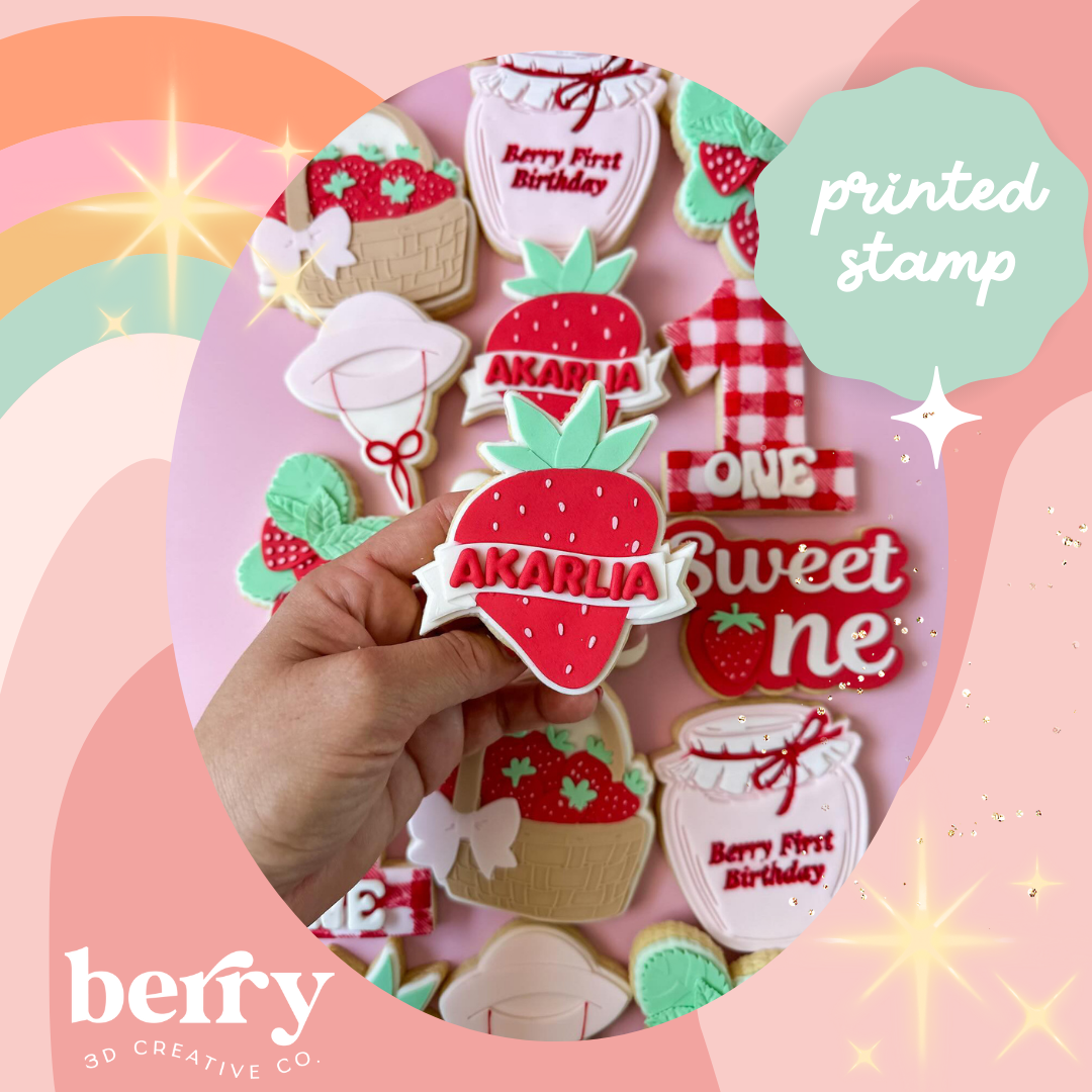 Strawberry with banner Stamp and matching cutter
