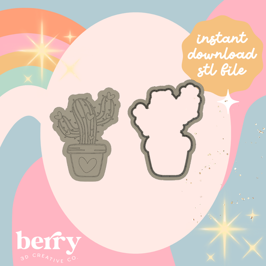 Cactus with Hearts Cookie Cutter and Stamp stl file