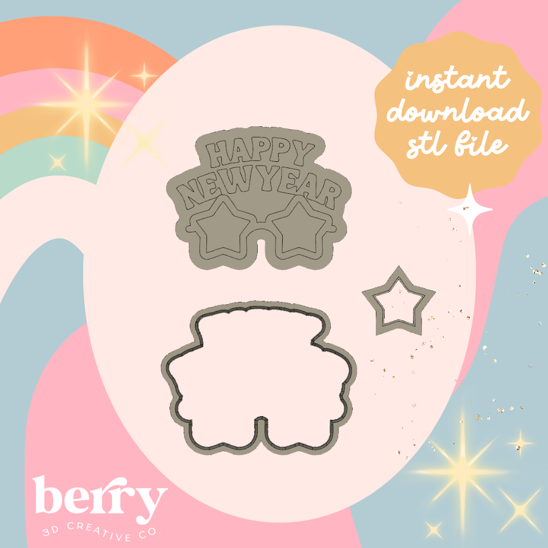 Happy New Year Glasses Cookie Cutter and Stamp stl file