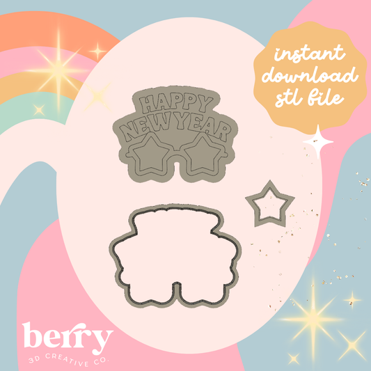 Happy New Year Glasses Cookie Cutter and Stamp stl file