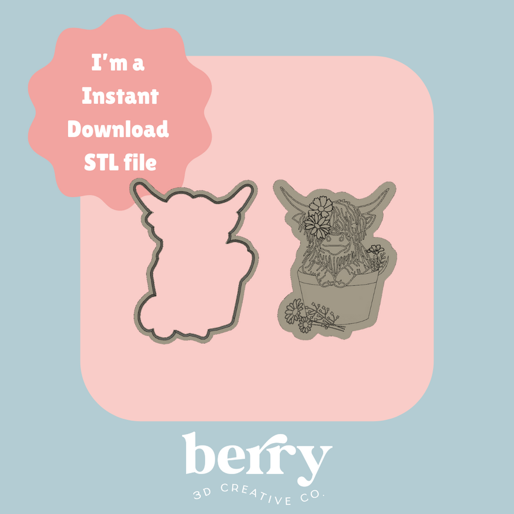 Highland Cow in flower pot Cutter and Stamp stl file
