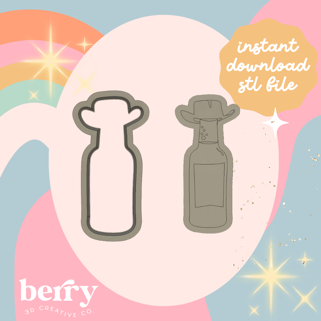 Bottle with cowboy hat cutter and Stamp stl file