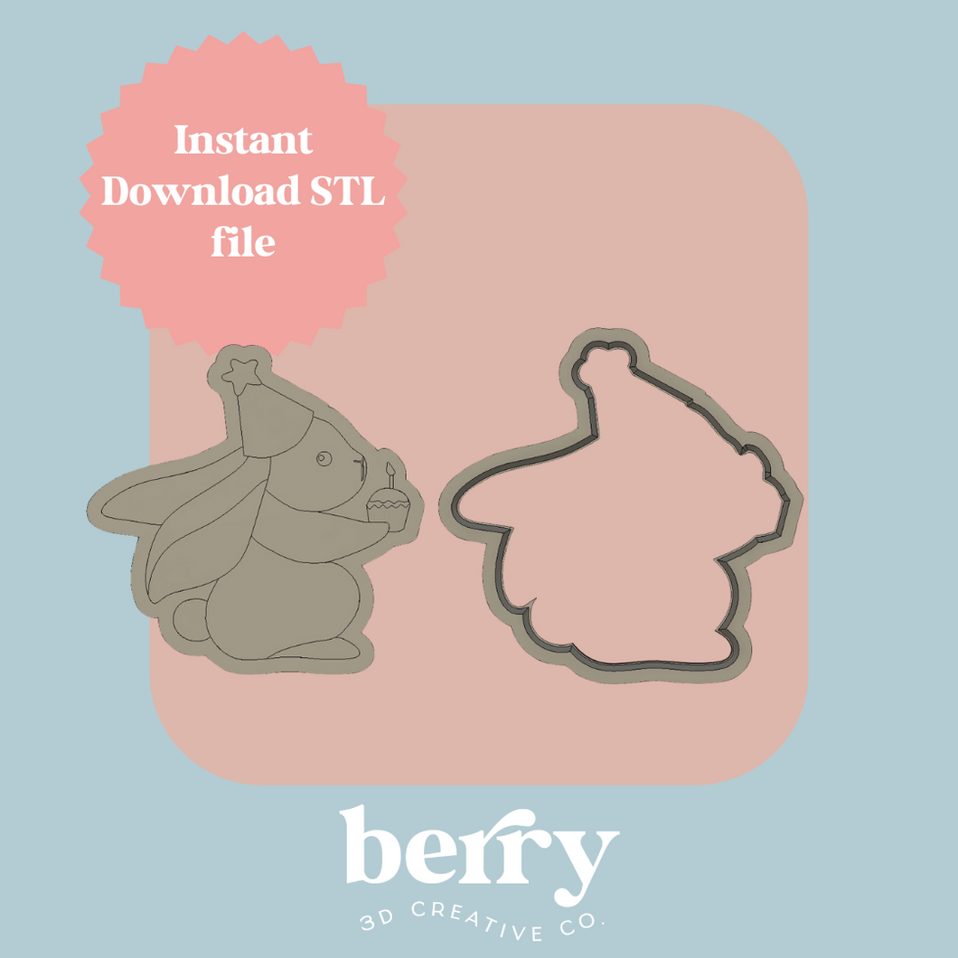 Birthday Bunny wearing party hat and cupcake Cookie Cutter and Stamp stl file
