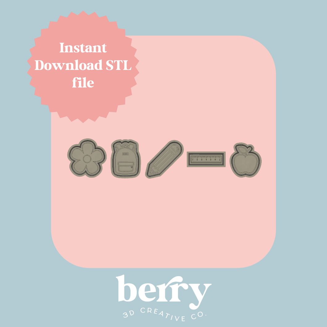 Pack of 5 Teacher stamps, backpack, flower, ruler, apple, pencil Stamp and cutter STL file